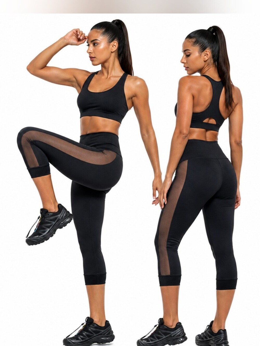NWT Poof Apparel Black Mesh Sheer Panel Cropped Fitness Pants